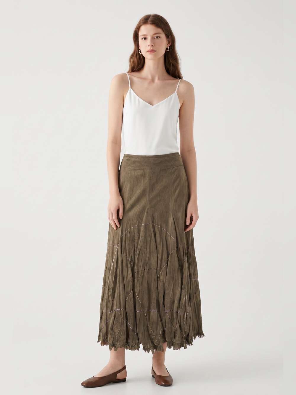Per Una whimsygoth Fairy style suede-like Crinkle Olive Midi Skirt embroidered